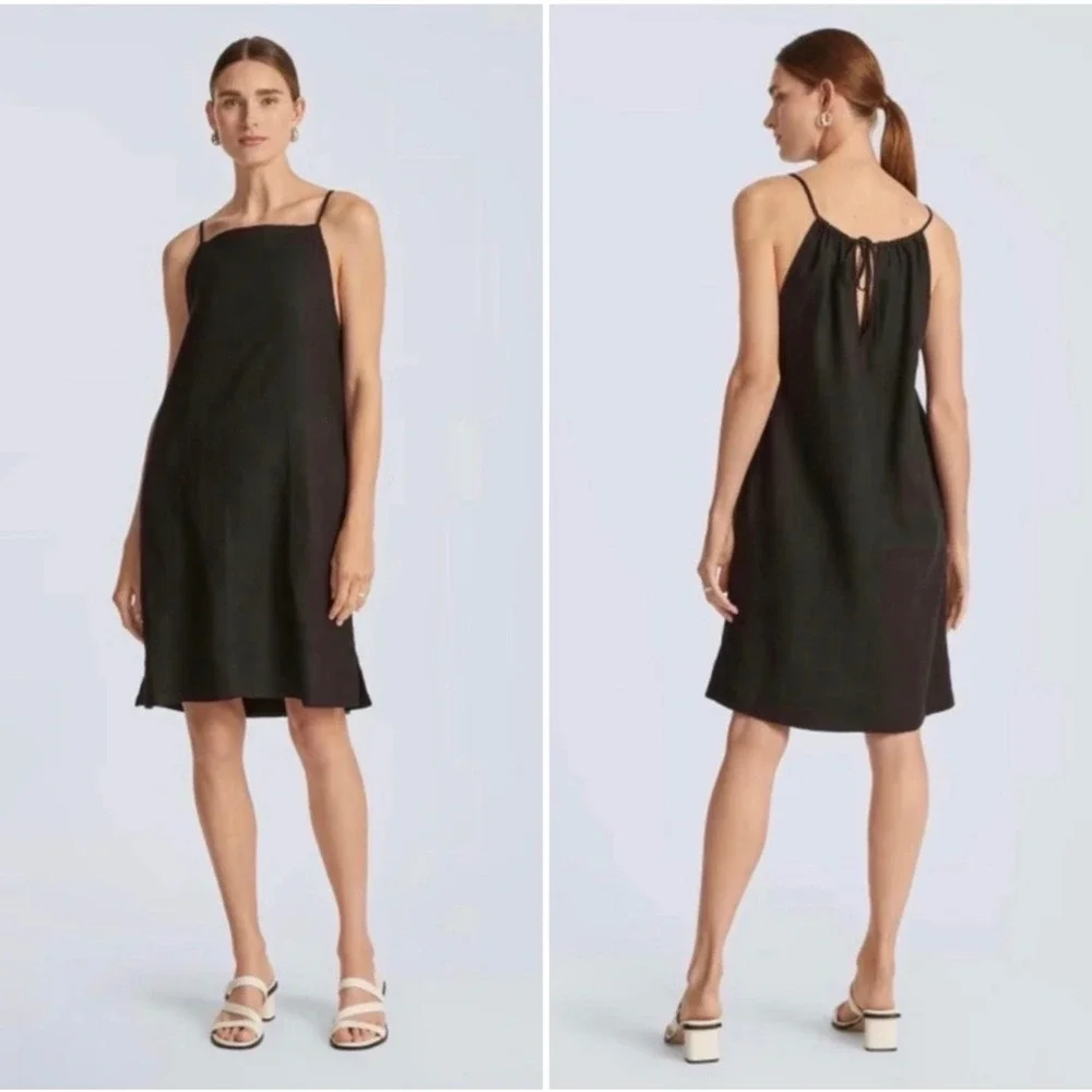 Everlane Linen Apron Dress Womens Medium Black Excellent Halter Tie Back Pocket